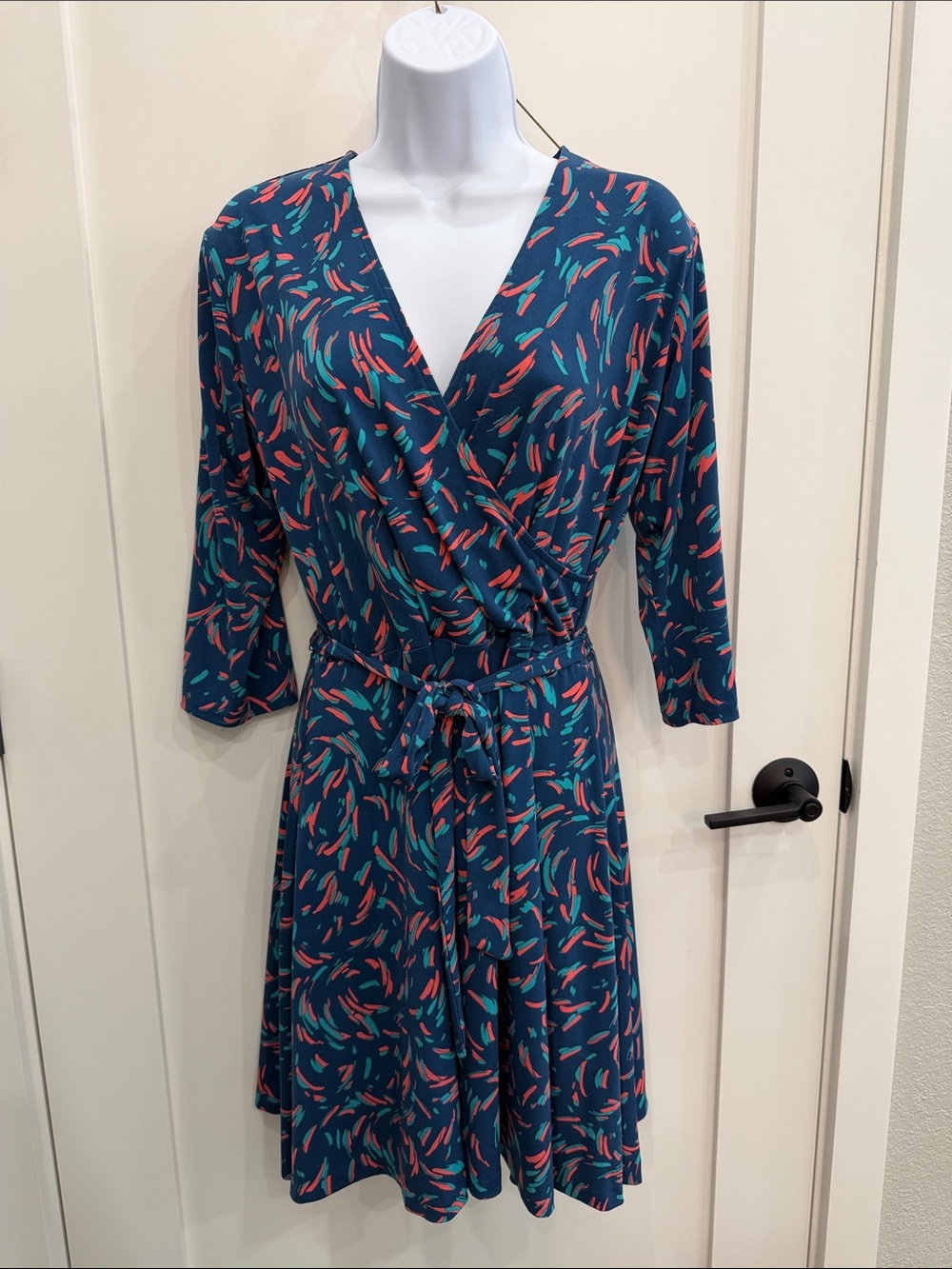 Wrap Dress in Teal with Coral & Teal Print 3/4 sleeve